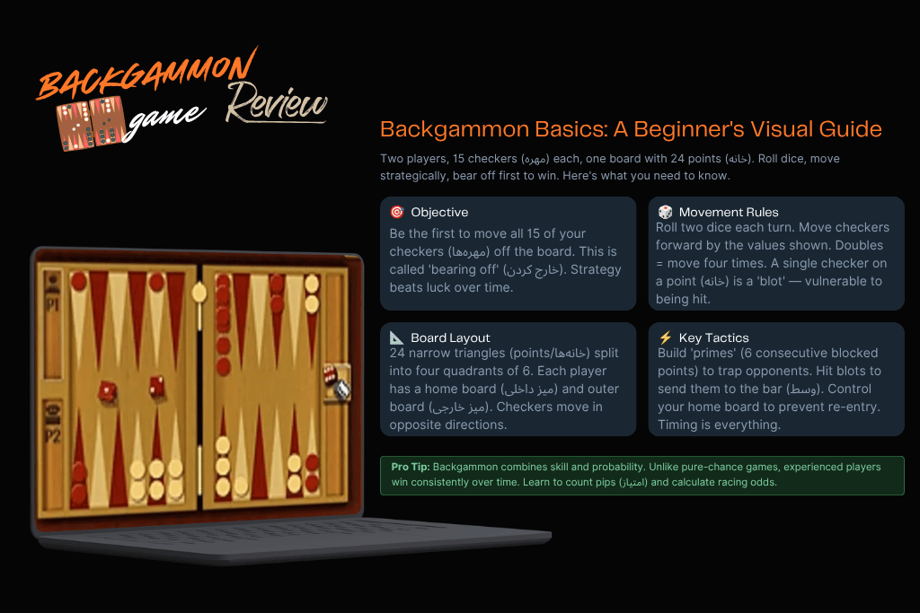 Backgammon Game Infographic  
Volume 1: The Novice Blueprint – Setup, Rules, and Core Mechanics