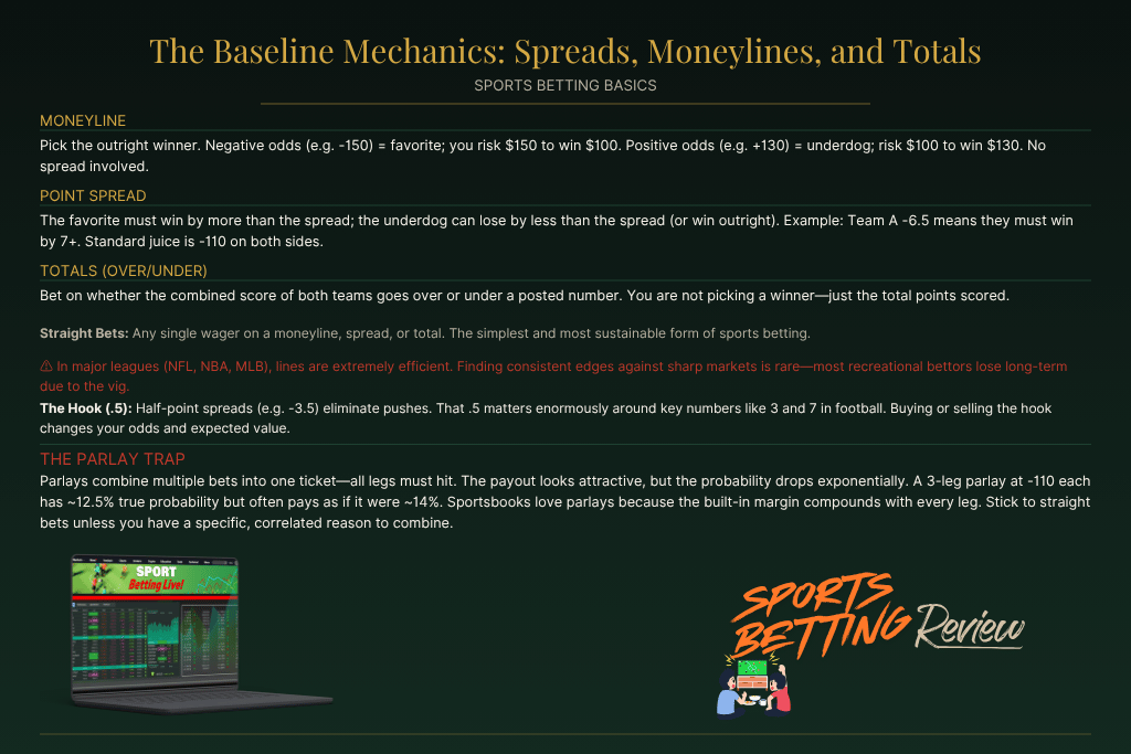 Sports Betting Infographic:
The Basics: Spreads, Moneylines, and Totals

Before diving into complex multi-game wagers, it’s key to understand the three core bet types that form the foundation of smart sports betting.

1. Moneyline  
The simplest bet—just pick the outright winner. A favorite at -150 means risking 150,000 Toman to win 100,000 Toman. An underdog at +130 means a 100,000 Toman bet returns 130,000 Toman if they pull off the upset.

2. Point Spread  
Bookmakers use a handicap to even things out between teams. A team at -7.5 must win by 8 or more for your bet to hit. Backing the underdog at +7.5 wins if they win outright or lose by 7 or fewer.

3. Totals (Over/Under)  
Instead of picking a winner, you bet on whether the combined score will be over or under the number set by oddsmakers (e.g., Over 2.5 goals in football).

Strength: Straight bets (single moneyline, spread, or total) give the cleanest shot at value, with a typical house edge (“vig”) around 4–5%, allowing disciplined bettors a fair chance at steady profits.  

Limitation: Major leagues like the Premier League, La Liga, or NFL are priced with extreme accuracy thanks to vast data, advanced models, and sharp market input—finding big errors is rare.  

Tip: Watch the “hook”—the half-point (.5) in spreads and totals. In sports like American football, where scores cluster around key numbers like 3 and 7, +3.5 can be far more valuable than +3.0.  