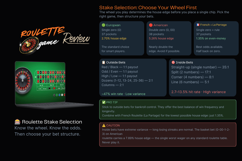 Infographic on Roulette Game: European vs. American Roulette – The Fatal 2.5% Mistake
The most critical decision you make happens before placing a single bet: choosing the wheel. Many casual players assume all tables are the same, but this can be a costly error.
European Roulette (Single Zero): This wheel has 37 pockets, numbered 1–36 plus a single green 0. With just one zero, the house edge stays at a steady 2.70% for most bets.
American Roulette (Double Zero): This version adds a 38th pocket, the green 00, which pushes the house edge up to 5.26%.
Key advantage: Single-zero European tables offer a much better deal. At a French Roulette table with the La Partage rule, the house edge on even-money bets drops to just 1.35%, as half your stake is returned if the ball lands on zero.
Big drawback: Sitting at an American double-zero wheel means your bankroll drains twice as fast. The extra green pocket acts like a hidden tax that crushes your odds of finishing ahead.
Inside and Outside Bets: Understanding Payouts
To play smart, you need to know how bets work. The table is split into two main types:
Outside Bets (Low Risk, Even-Money Payouts)
These cover large groups of numbers outside the main grid. Even-money bets (Red/Black, Odd/Even, High/Low) cover 18 numbers and pay 1:1. Dozens and Columns cover 12 numbers and pay 2:1.
Takeaway: Outside bets are the safest option for casual players to control volatility. They won’t deliver huge wins, but they help preserve your bankroll over time.