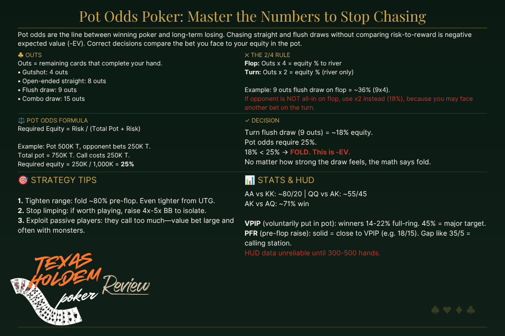 Texas Hold'em: An infographic guide on how to play  
Pot Odds Poker: Master the numbers to avoid chasing losses  
Poker Statistics: The harsh truth of pre-flop matchups  
HUD Statistics: Essential data for online play  