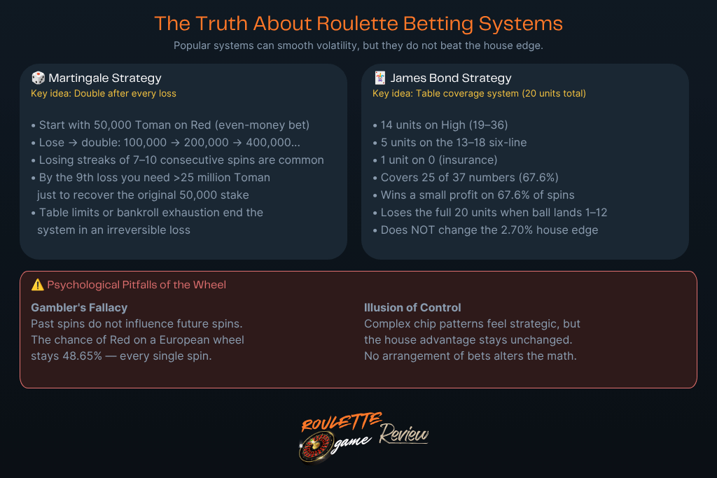 The Truth About Roulette Betting Systems
A quick online search reveals numerous guides touting “guaranteed” or optimal roulette betting systems. Below is an analysis of the most popular methods, grounded in strict mathematical reality.
1. The Martingale Strategy (Double After Loss)
This system involves placing a 50,000 Toman bet on an even-money option such as Red. After each loss, the bet is doubled—100,000 Toman, then 200,000 Toman, and so forth.
Limitation: The Martingale is a rapid path to financial ruin. Statistical variance makes a losing streak of 7–10 spins on Red or Black fairly common. By the 9th loss, you would need to wager over 25 million Toman simply to recover the original 50,000 Toman stake. Eventually, you will hit the table’s maximum limit or deplete your bankroll, resulting in irreversible loss.
2. The James Bond Strategy (Table Coverage)
This flat-betting approach uses 20 total units: 14 on High numbers (19–36), 5 on the 13–18 Line, and 1 on green 0—covering 25 of 37 numbers (67.6% of the wheel).
Assessment: While you win a small profit on 67.6% of spins, the remaining 32.4% of spins—when the ball lands on 1–12—result in losing the entire 20-unit bet. Recovering from a single loss requires multiple consecutive wins. This method only smooths volatility and does not change the 2.70% house edge.
Psychological Pitfalls of the Wheel
Roulette’s design exploits two key cognitive biases:
The Gambler’s Fallacy—believing past spins influence future ones. For example, if the last 10 numbers were Black, players may feel compelled to bet heavily on Red. This is misguided; the wheel has no memory, and the probability of Red remains exactly 48.65% on a European wheel.