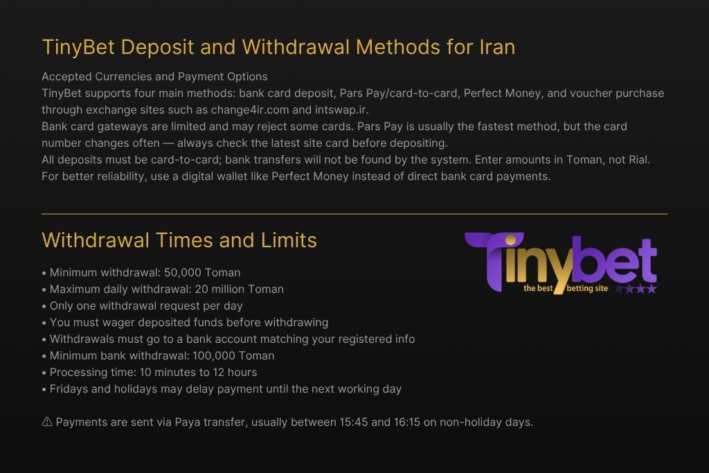 TinyBet Deposit and Withdrawal Methods for Iran